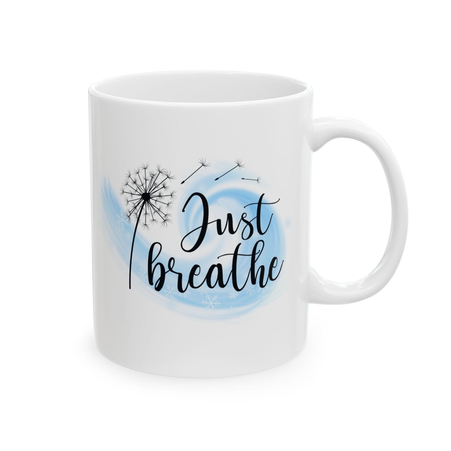 Minimalist "Just Breathe" Dandelion Ceramic Mug (11oz & 15oz) | Black & White Inspirational Coffee Cup, Relaxation Drinkware, Meditation Gift