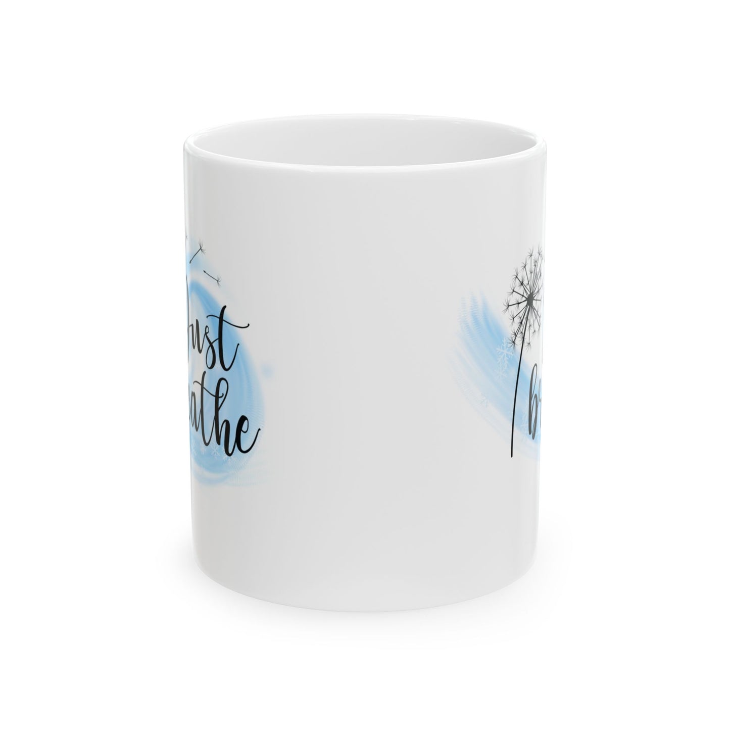 Minimalist "Just Breathe" Dandelion Ceramic Mug (11oz & 15oz) | Black & White Inspirational Coffee Cup, Relaxation Drinkware, Meditation Gift