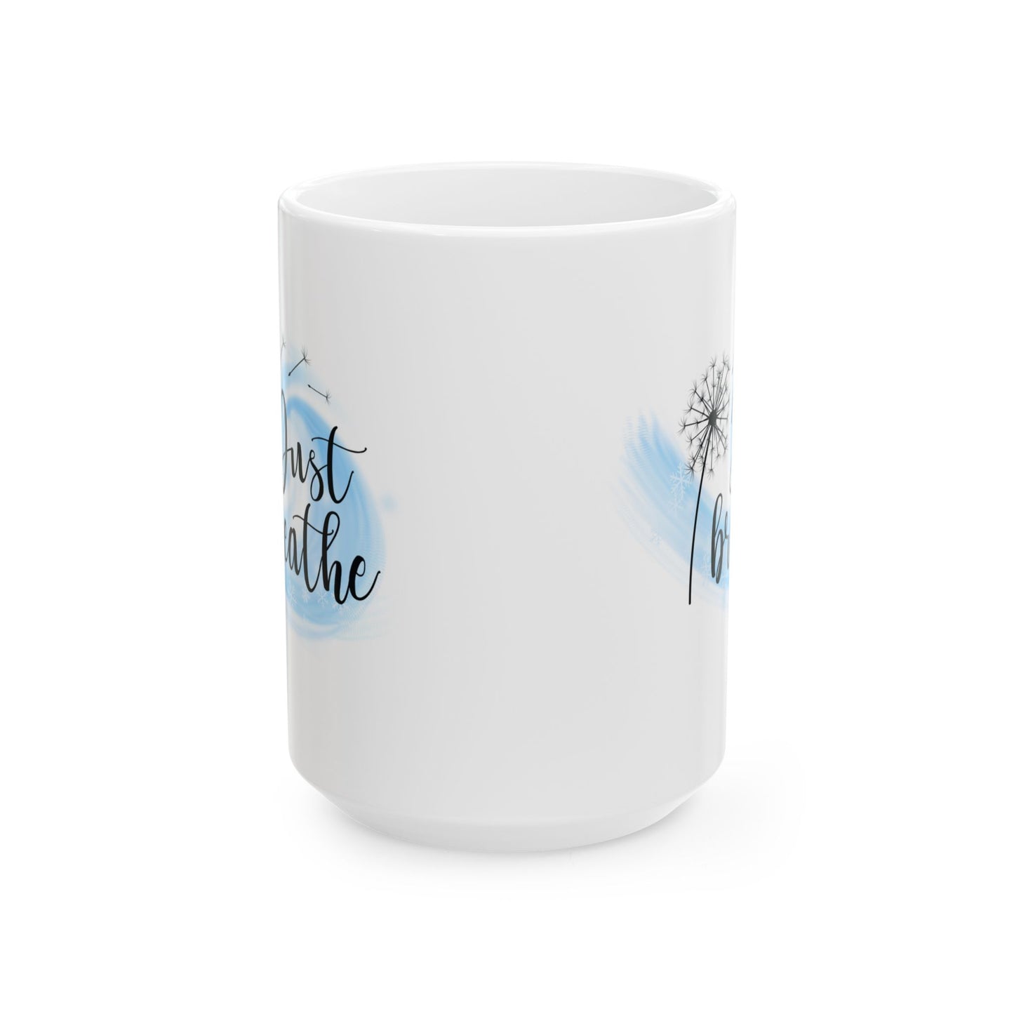 Minimalist "Just Breathe" Dandelion Ceramic Mug (11oz & 15oz) | Black & White Inspirational Coffee Cup, Relaxation Drinkware, Meditation Gift