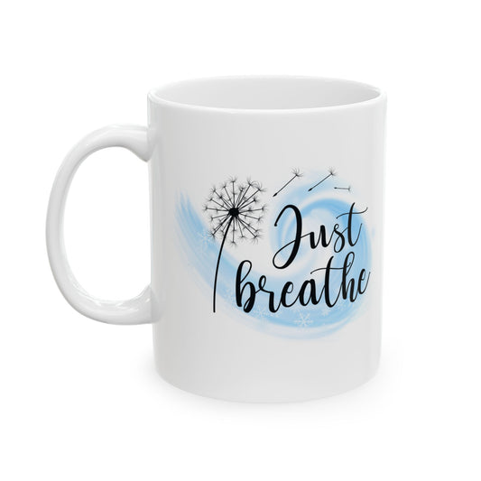 Minimalist "Just Breathe" Dandelion Ceramic Mug (11oz & 15oz) | Black & White Inspirational Coffee Cup, Relaxation Drinkware, Meditation Gift